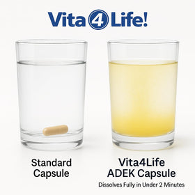 Vita4Life ADEK capsules sur une table avec d'autres compléments