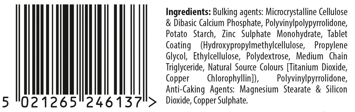 Vitabiotics Ultra Zinc 15mg avec Cuivre - arrière de la boîte
