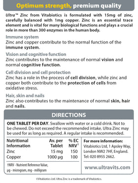 Vitabiotics Ultra Zinc 15mg avec Cuivre - vue latérale de la boîte