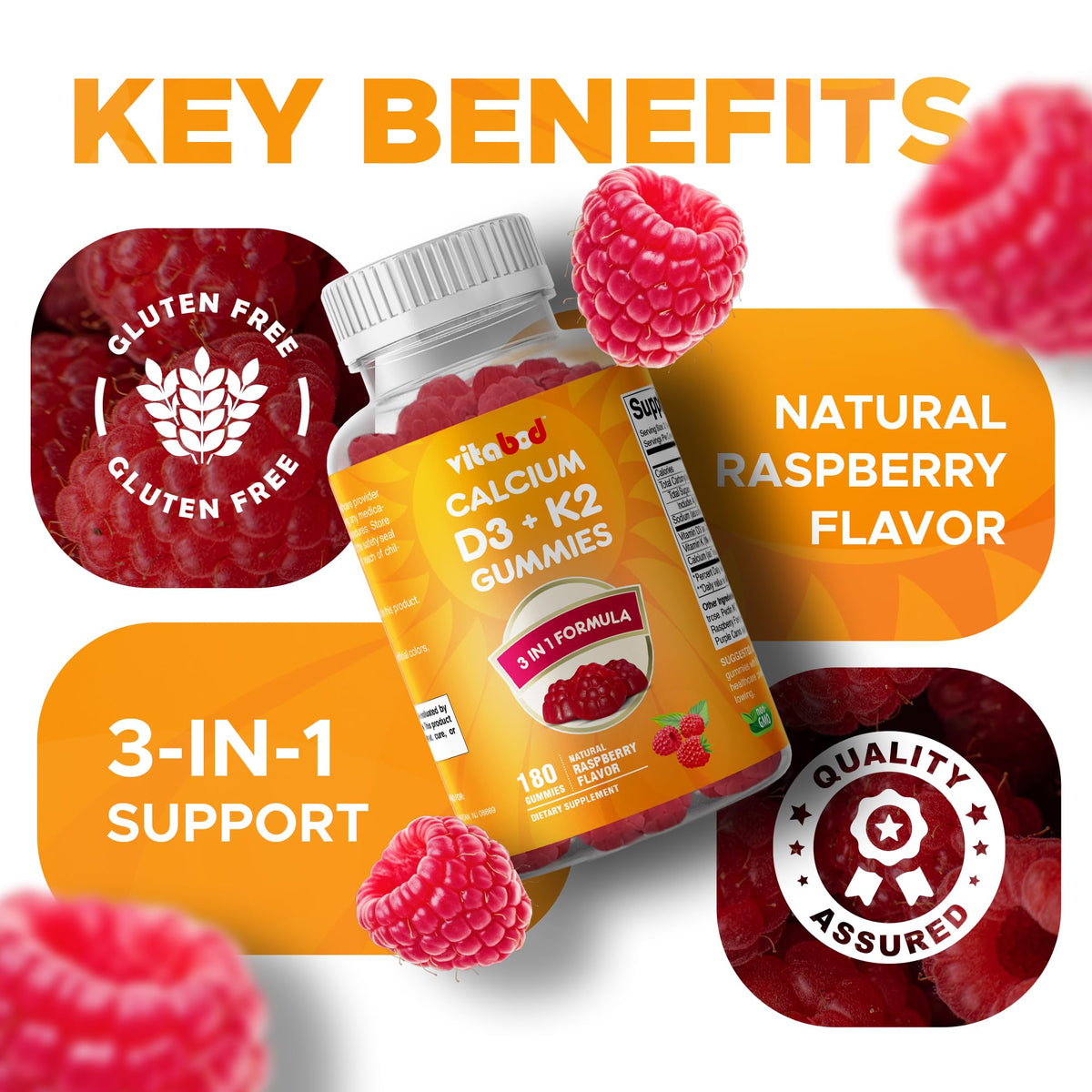 Vitabod Gummies D3 + K2 dans un bol avec des fruits