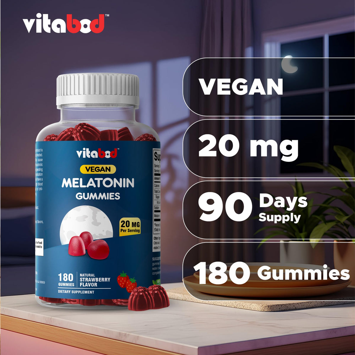 Vitabod Gummies de Mélatonine 20mg - gummies sur une table
