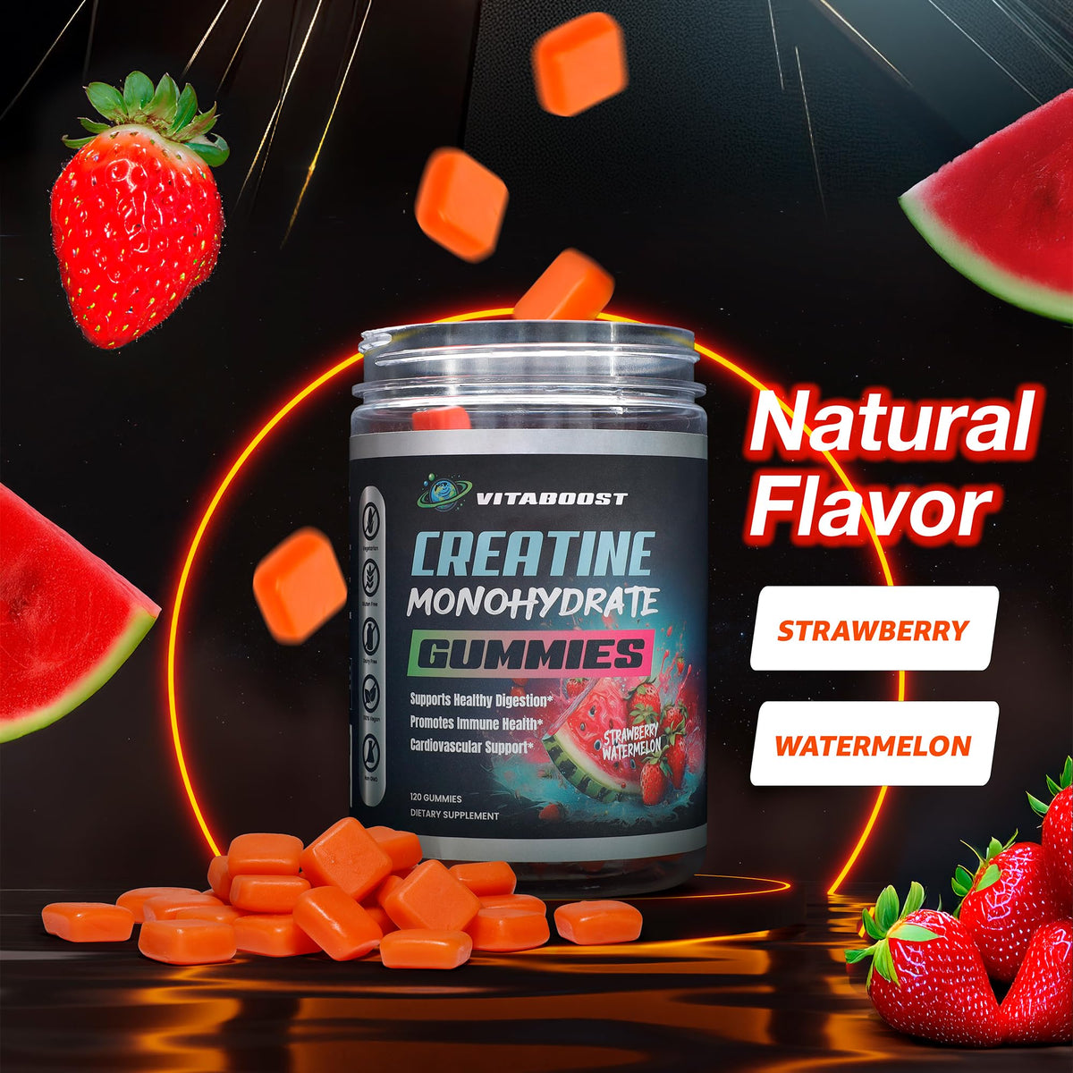 VitaBoost Gummies de Créatine avec une poignée de gummies sur une table