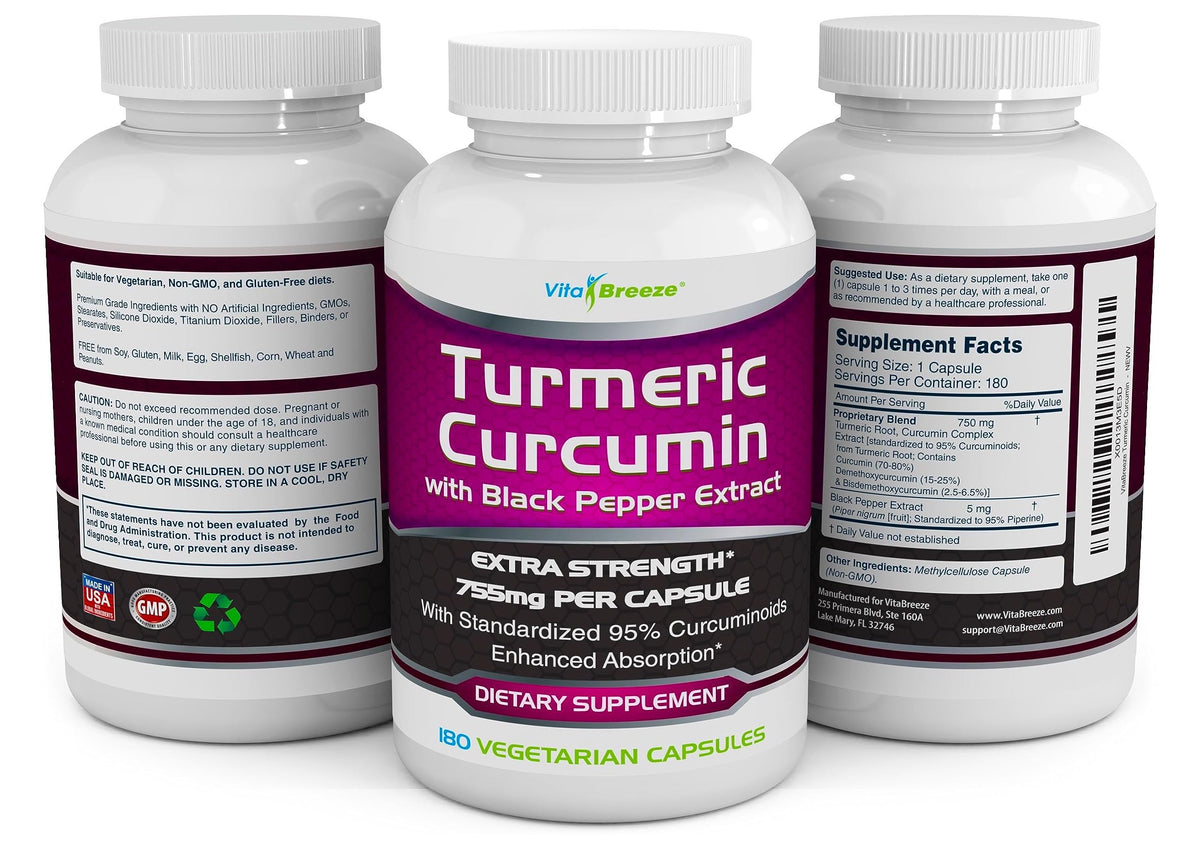 VitaBreeze Complément Alimentaire Curcuma Curcumin 180 capsules avec extrait de poivre noir