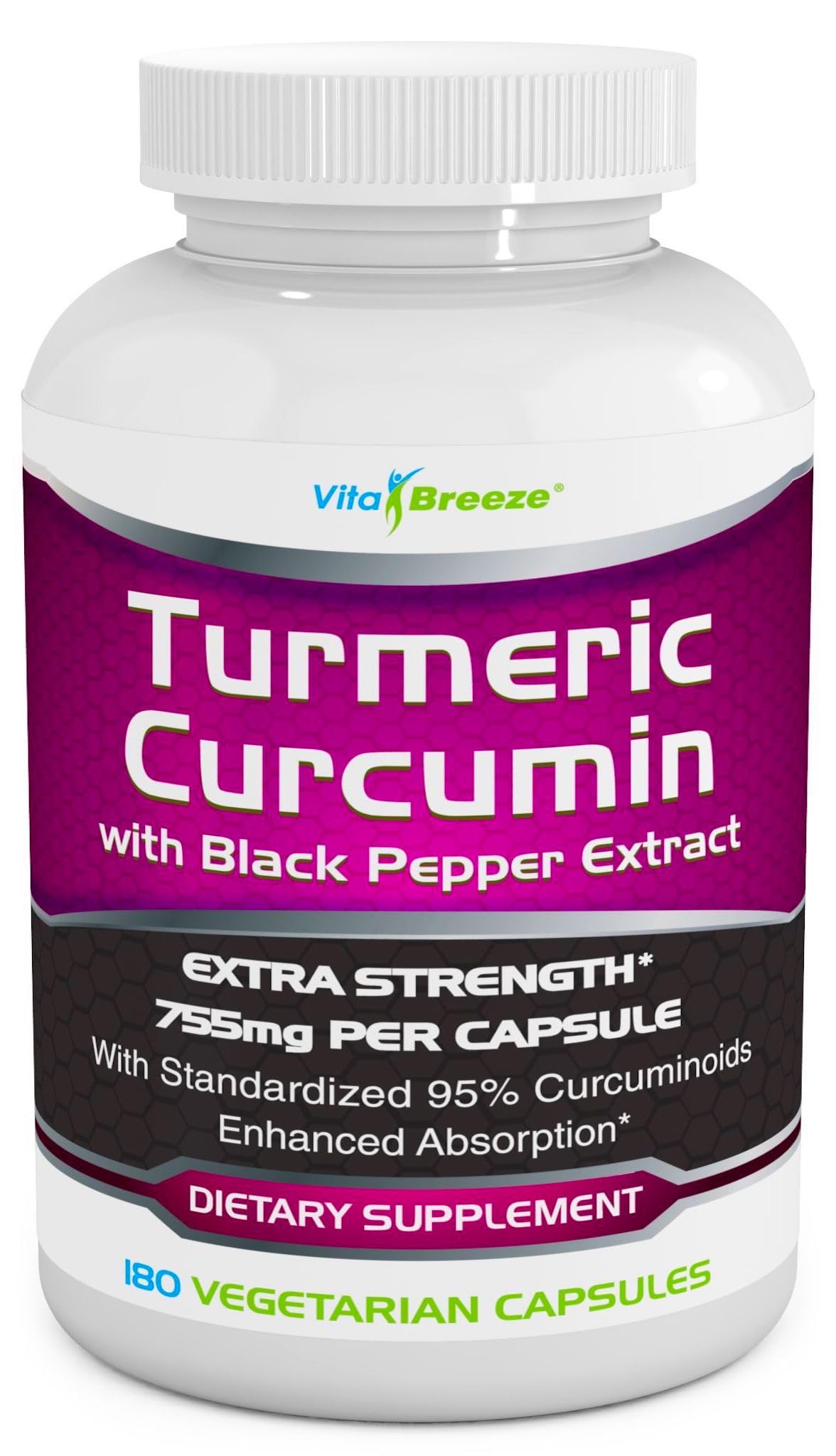 VitaBreeze Complément Alimentaire Curcuma Curcumin 180 capsules vue de face