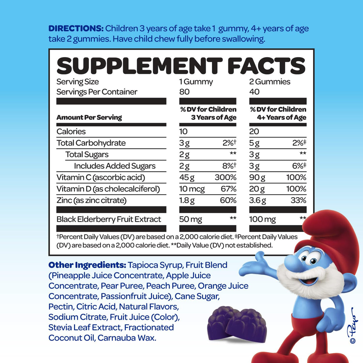 VITABURST Smurfs gummies avec ingrédients naturels en vue rapprochée
