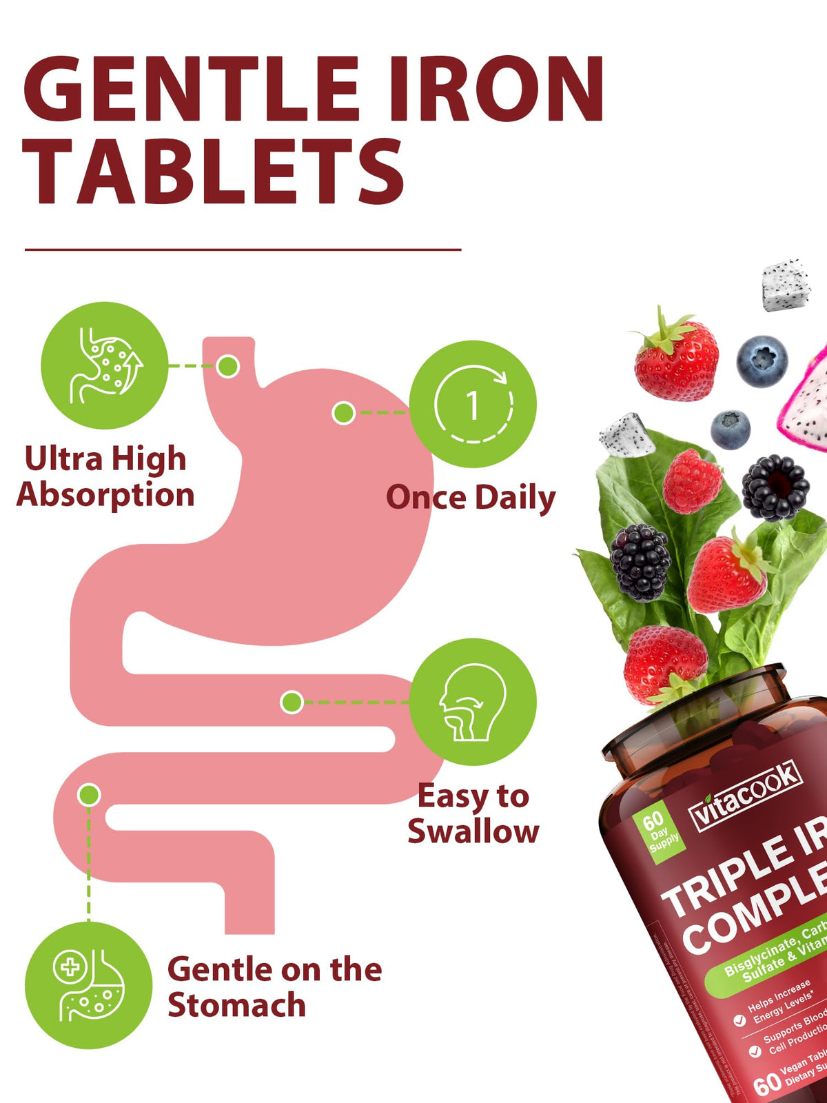 Vitacook Complément Alimentaire Fer 3-en-1 65mg comprimés sur une table
