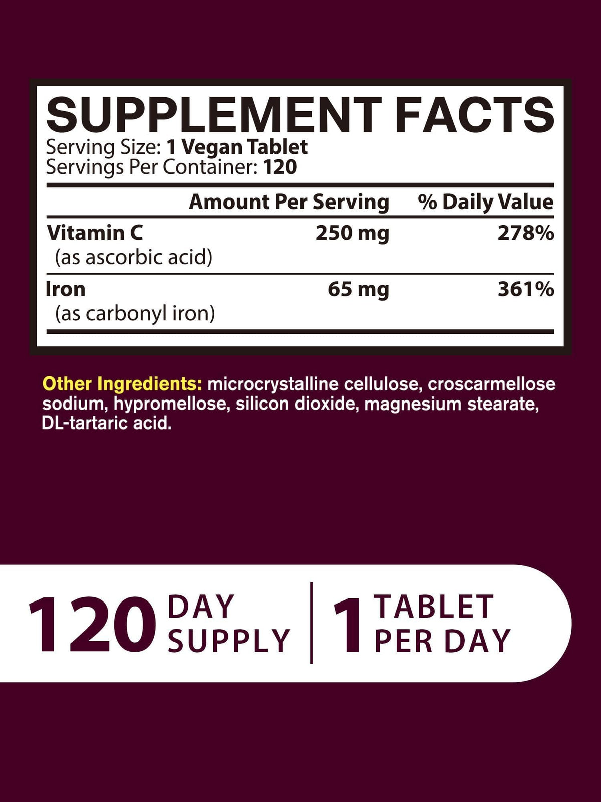 Vitacook complément alimentaire fer 65mg et vitamine C 250mg, comprimés sur une table
