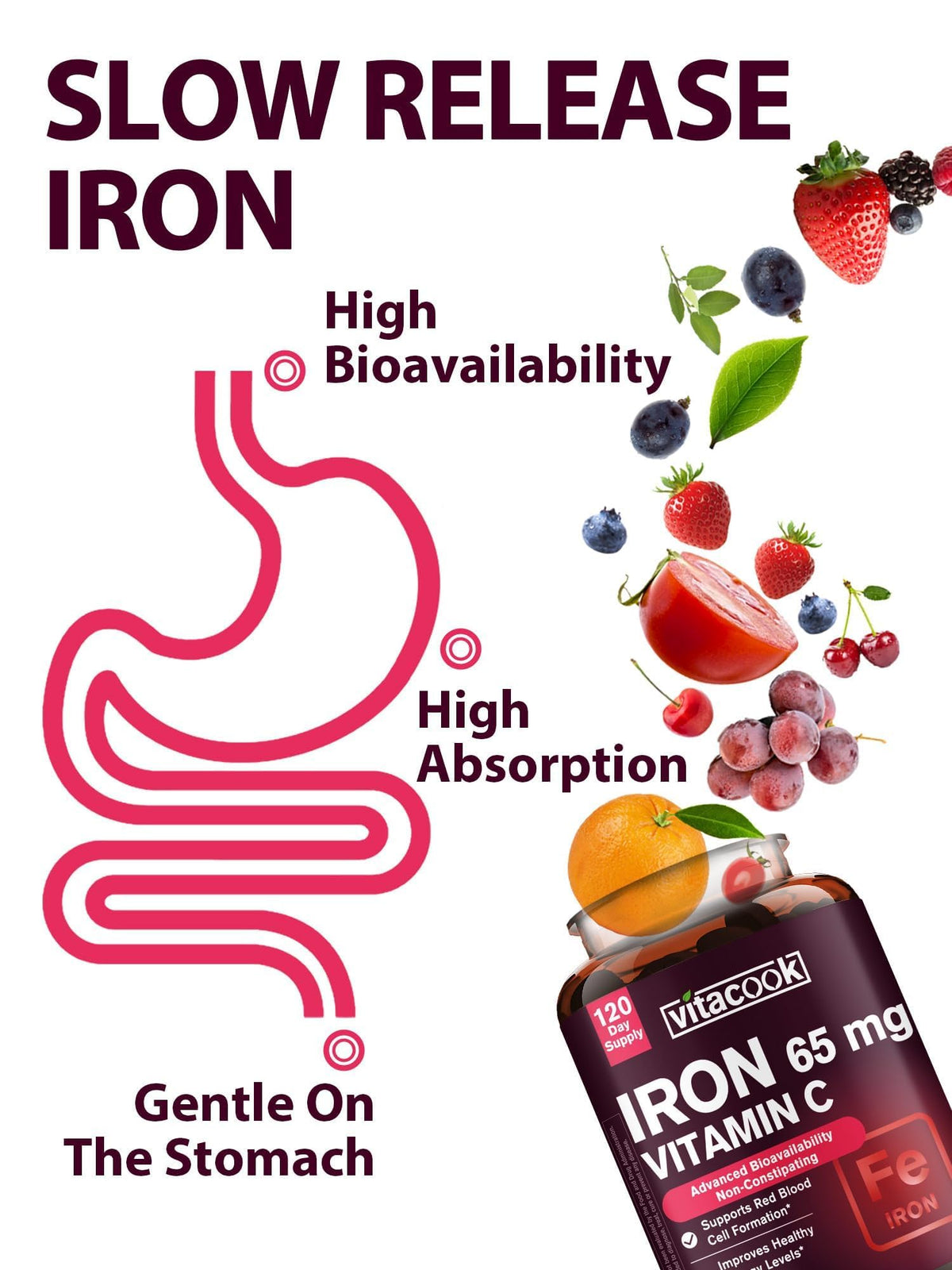 Vitacook complément alimentaire fer 65mg et vitamine C 250mg, flacon ouvert