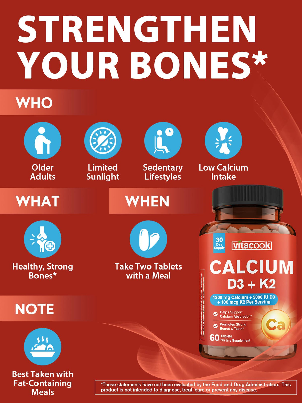 Vitacook Compléments Alimentaires Calcium 1200 mg D3 K2 60 Comprimés - comprimés dans un verre
