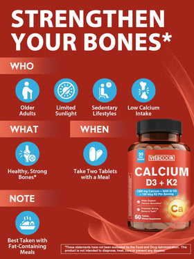 Vitacook Compléments Alimentaires Calcium 1200 mg D3 K2 60 Comprimés - comprimés dans un verre