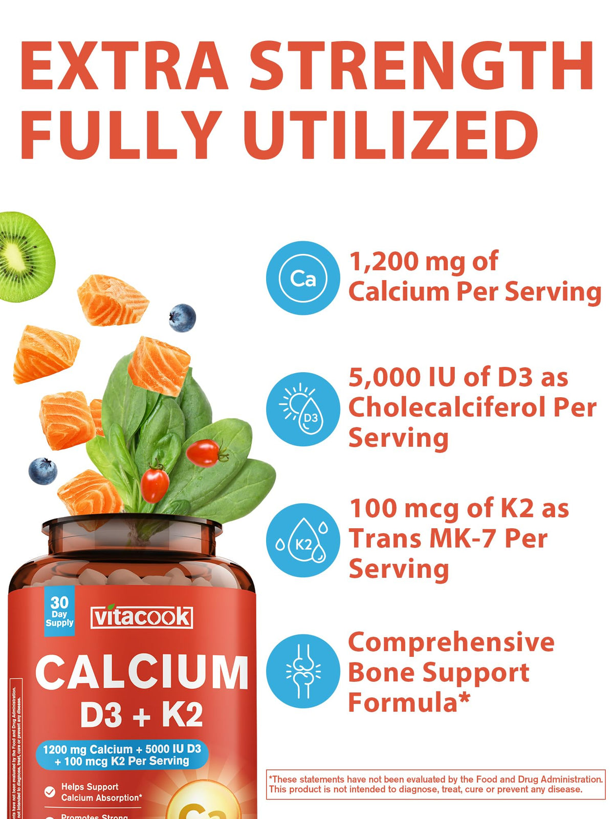 Vitacook Compléments Alimentaires Calcium 1200 mg D3 K2 60 Comprimés - dos de l'emballage