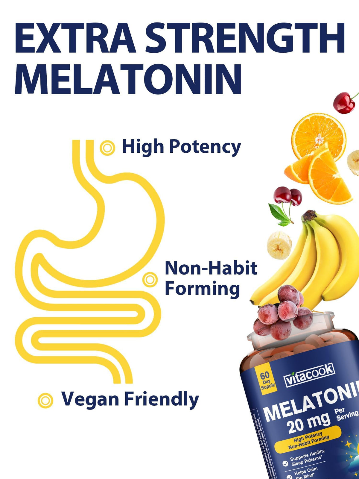 Vitacook comprimés de mélatonine vegan sur fond blanc