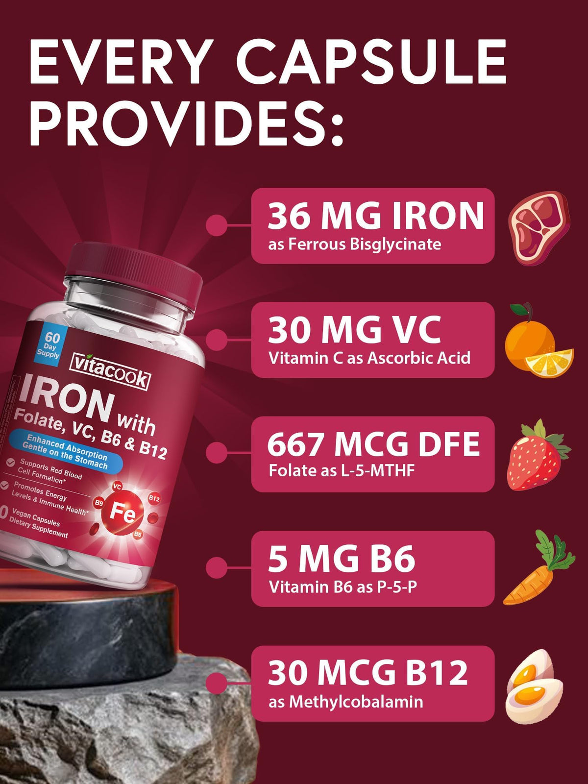 Vitacook Fer Bisglycinate 36 mg 60 Capsules Végétales emballage