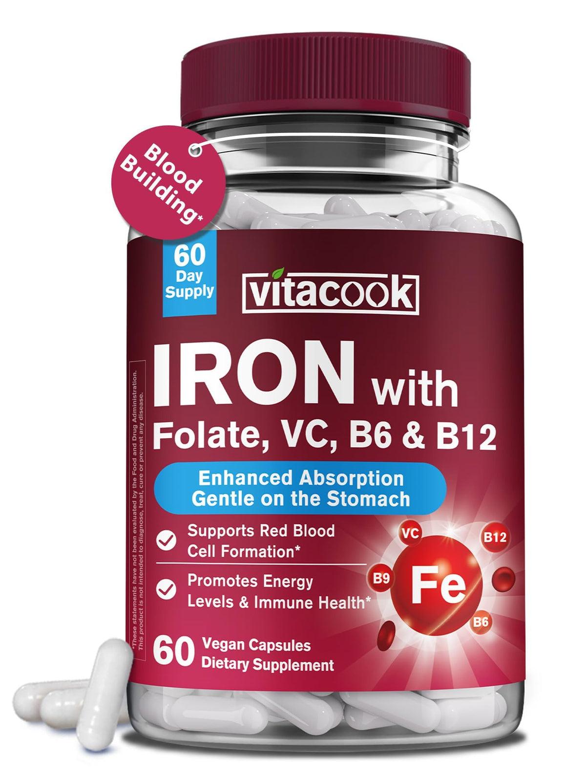 Vitacook Fer Bisglycinate 36 mg 60 Capsules Végétales vue de face
