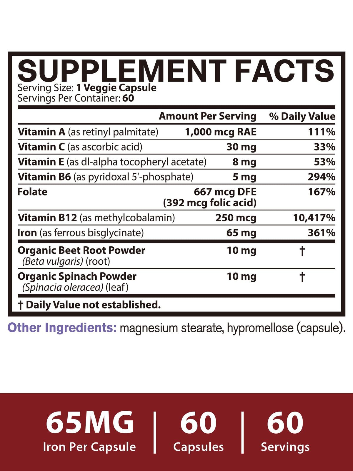 Vitacook Fer Bisglycinate 65mg 60 Capsules - capsules sur fond blanc