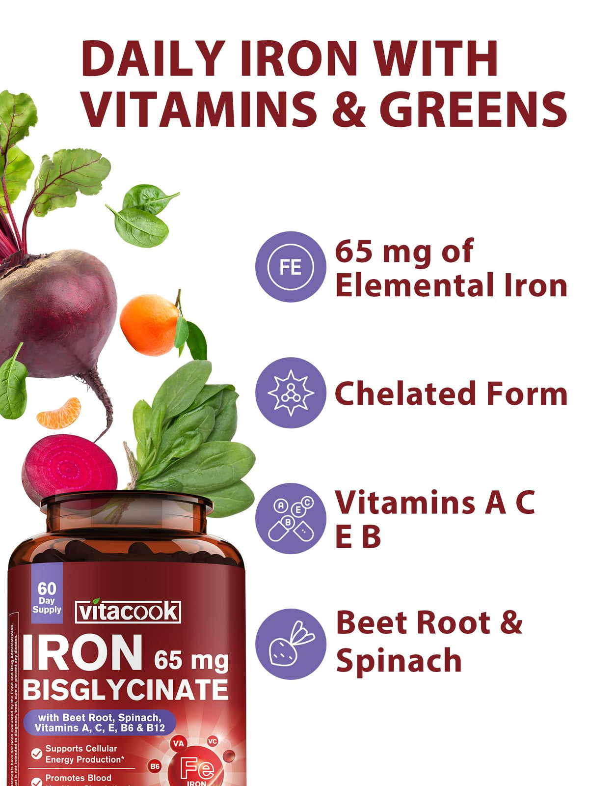 Vitacook Fer Bisglycinate 65mg 60 Capsules - étiquette