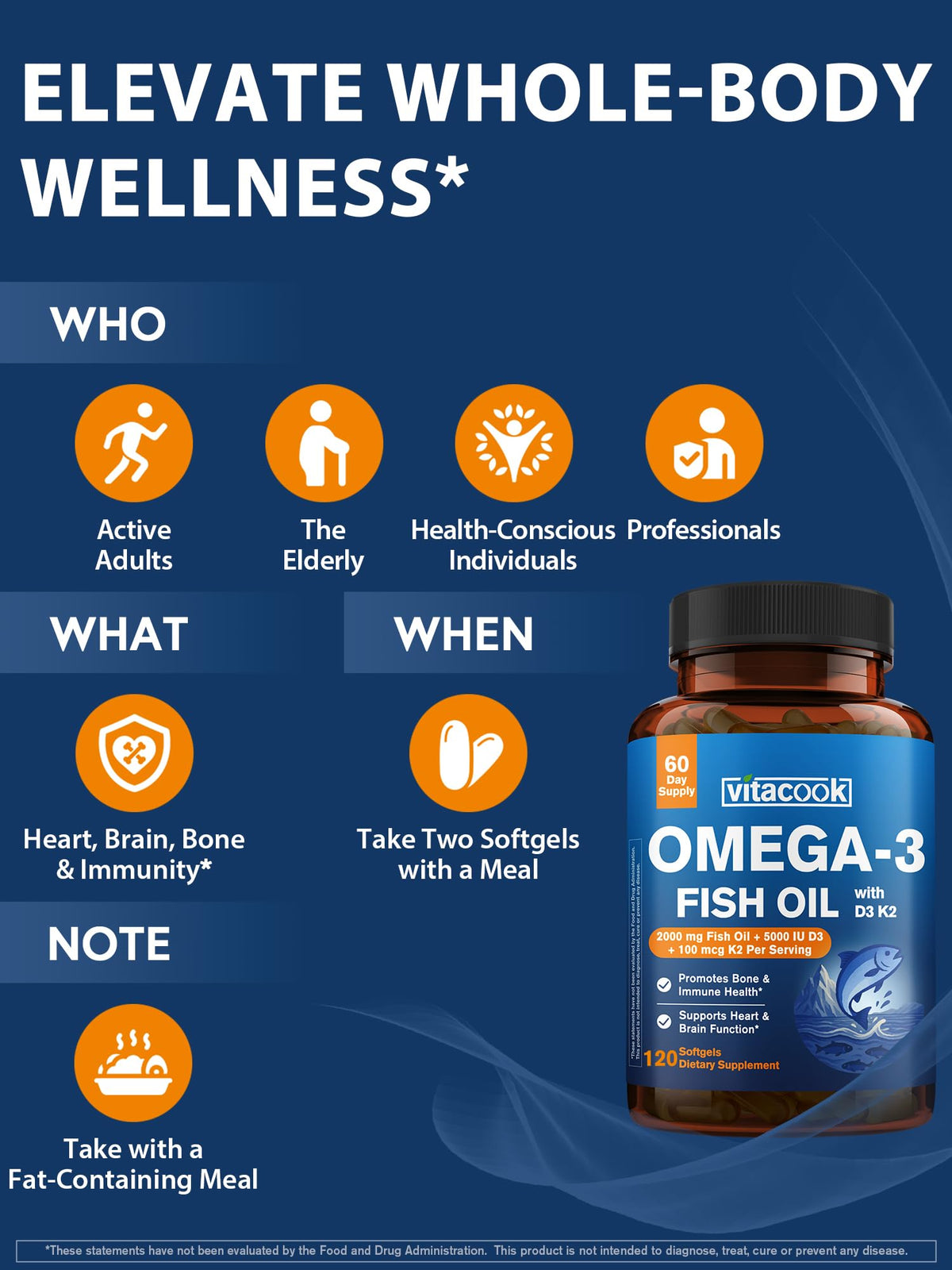 Vitacook Huile de Poisson Omega 3 2000mg gélules sur table en bois