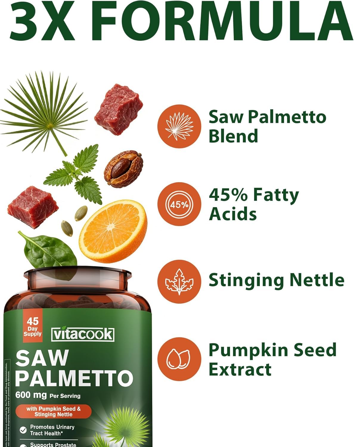 Vitacook Saw Palmetto 600mg, capsules dans un bol