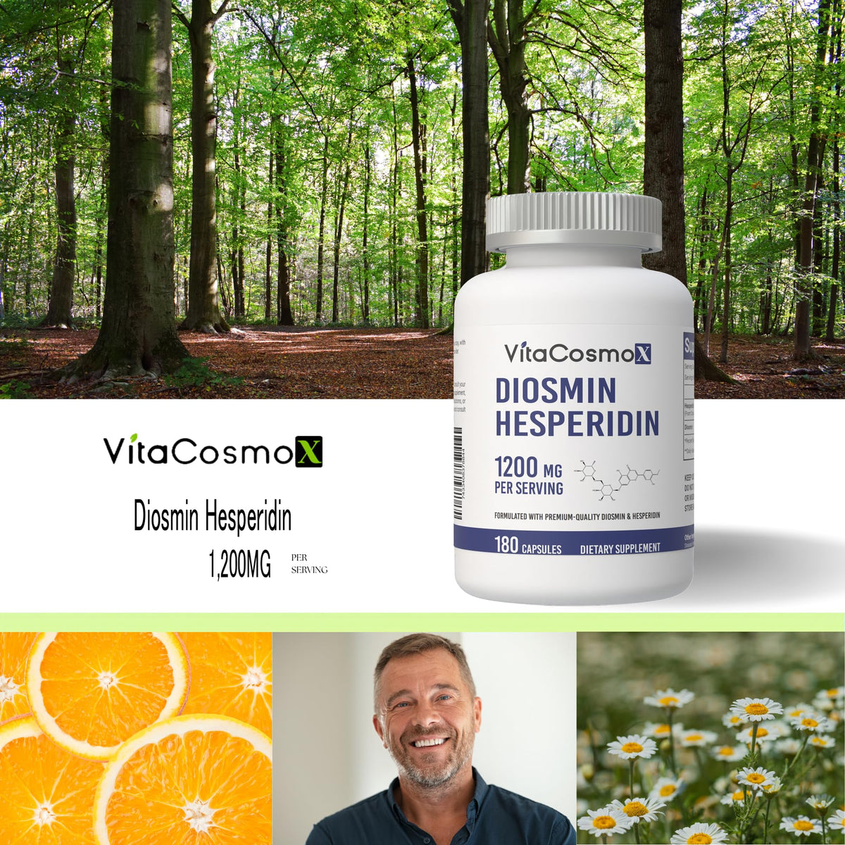 VitaCosmoX Diosmine Hespéridine 1200 mg bouteille ouverte avec capsules