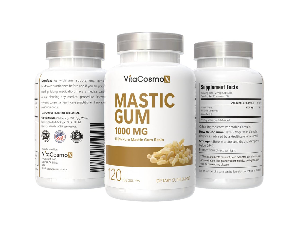VitaCosmoX Gélules de Mastic 1000 mg, gélules sur une table