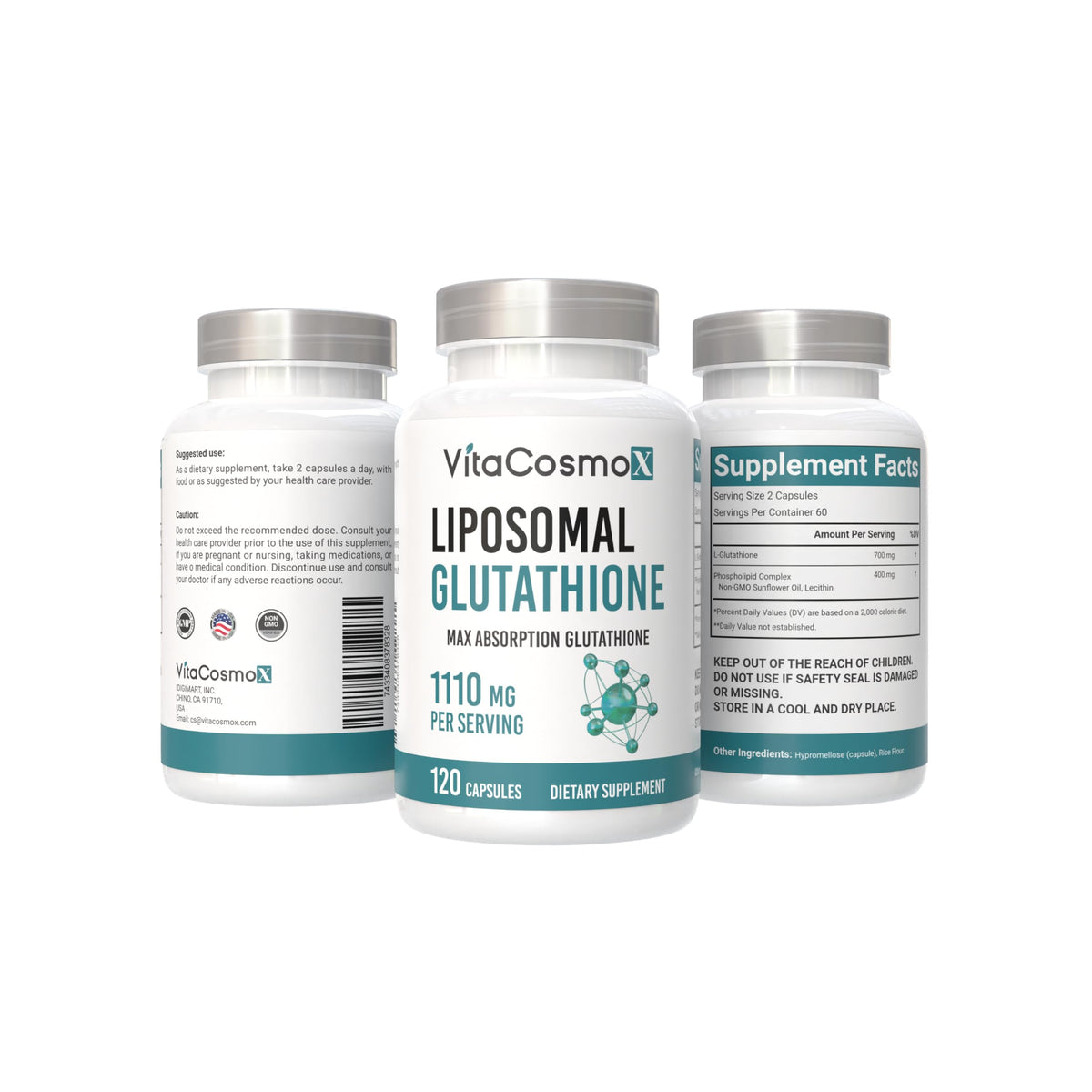 VitaCosmoX Glutathione Liposomal 2 capsules sur une table en bois