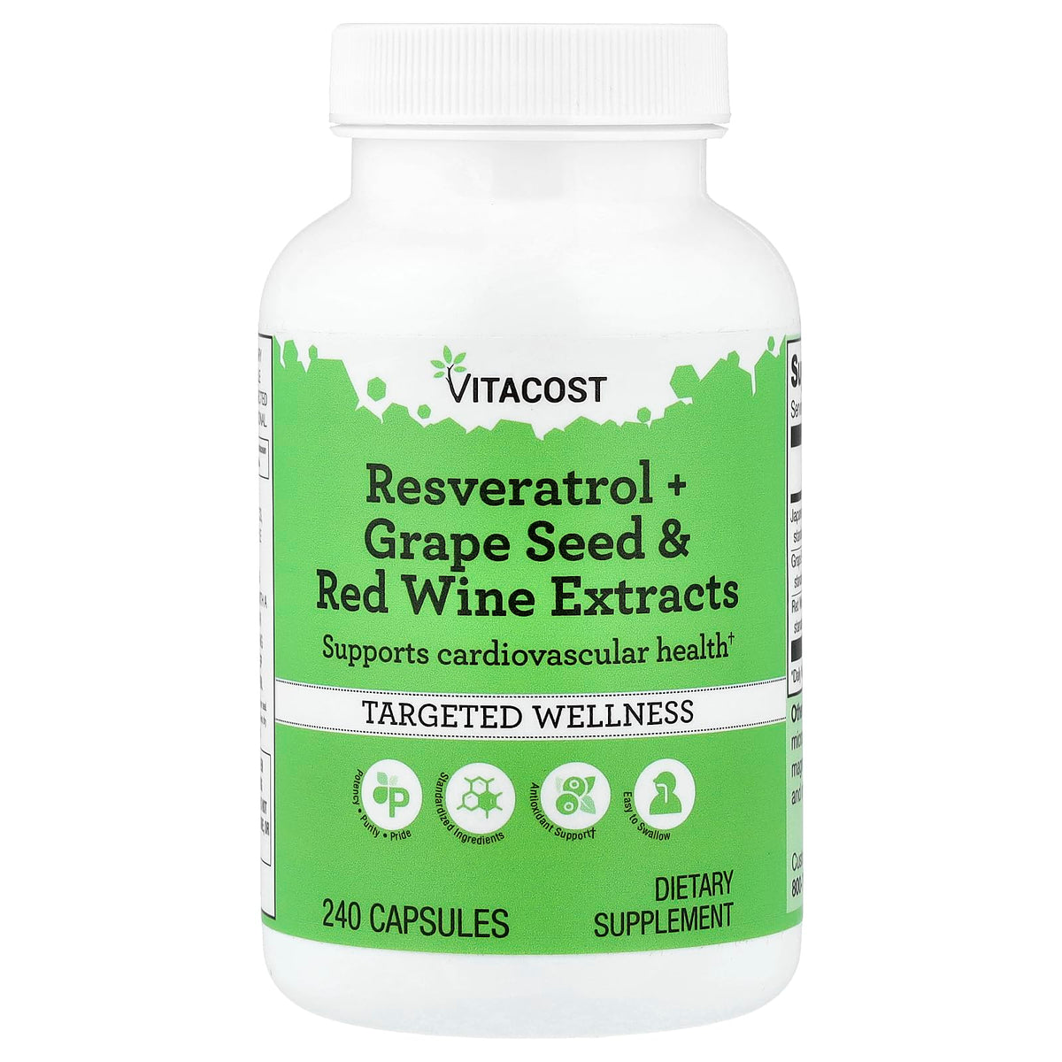 Vitacost Resveratrol 240 gélules vue avant avec étiquette