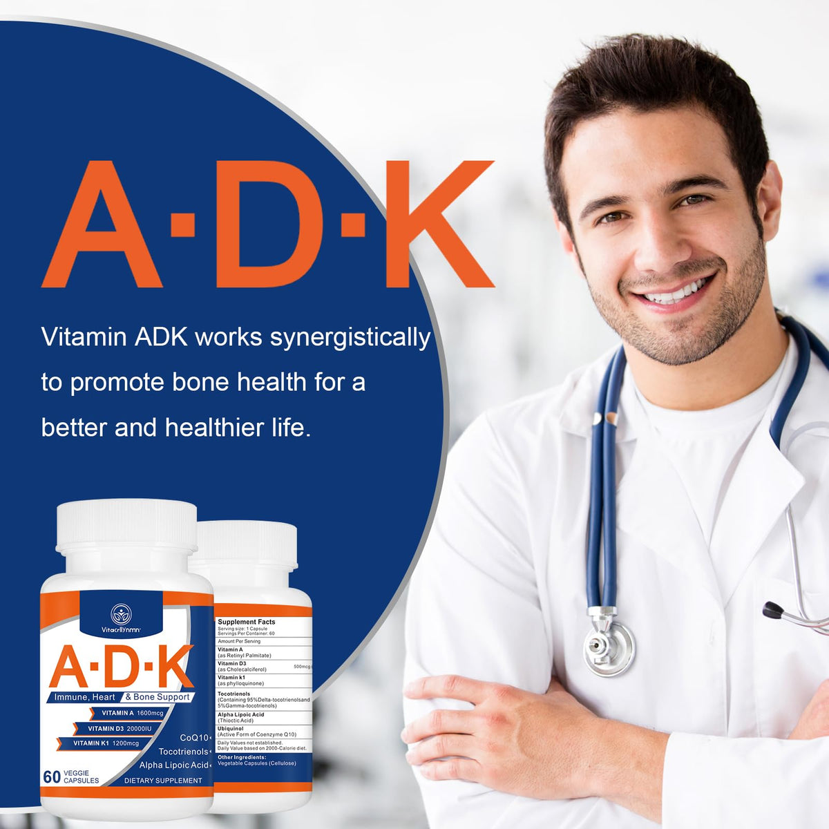VITACRLLYNMN Complément Alimentaire ADK 20000 UI 60 Capsules sur une table