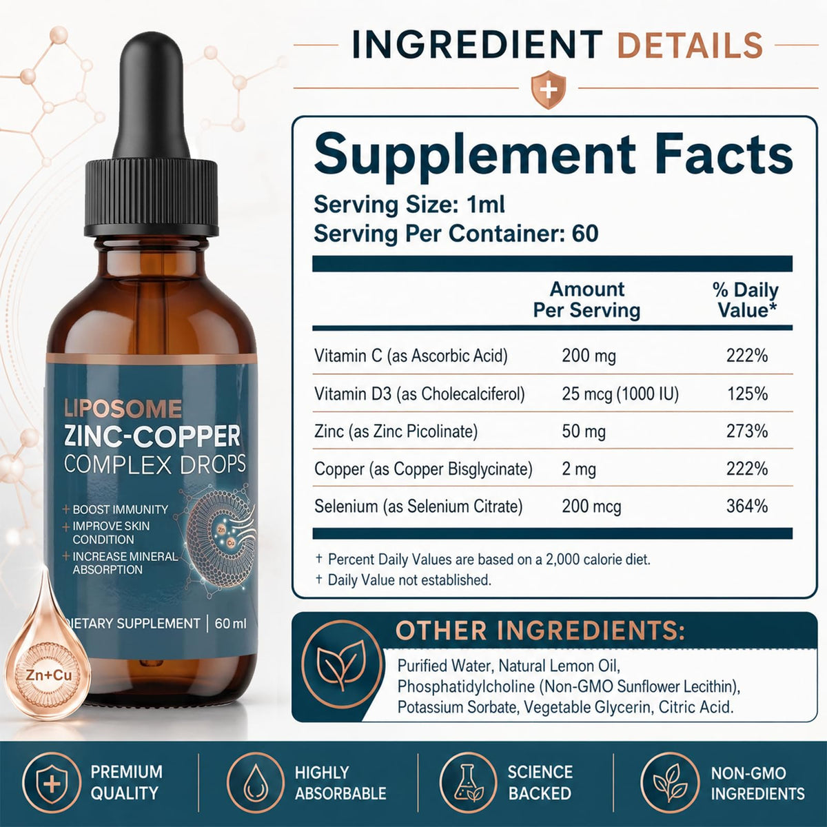 VITAFOOD Gouttes Liquides Zinc Cuivre Liposomal 50mg sur une table