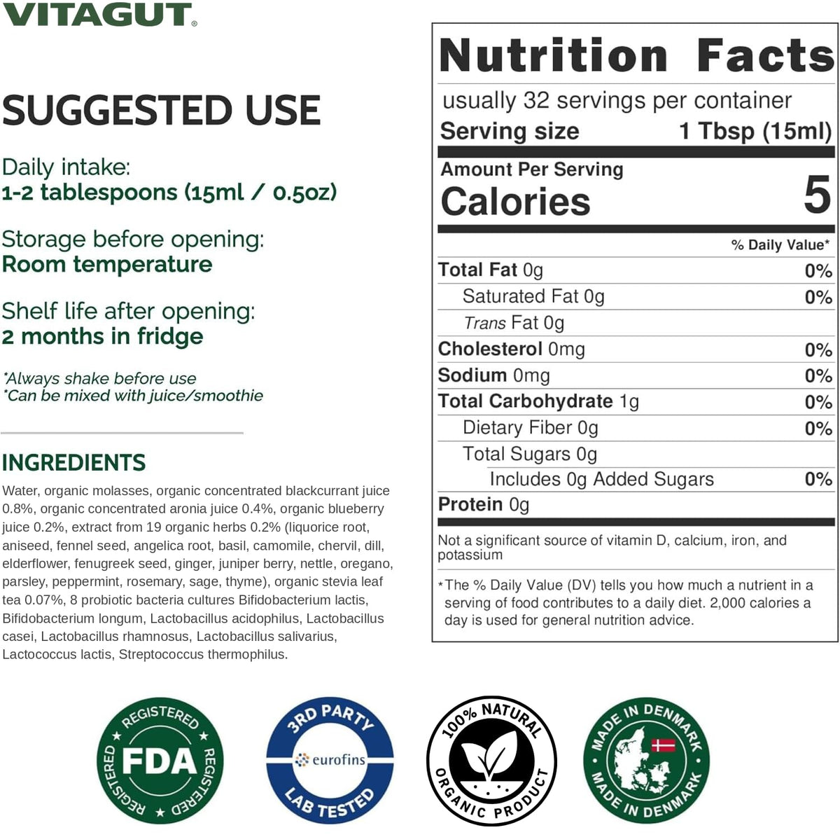 VITAGUT Probiotiques Liquides 3-en-1 en verre recyclé