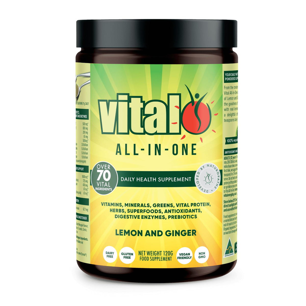 Vital Complément Alimentaire en Poudre 120 g - Goût Citron et Gingembre, vue de face