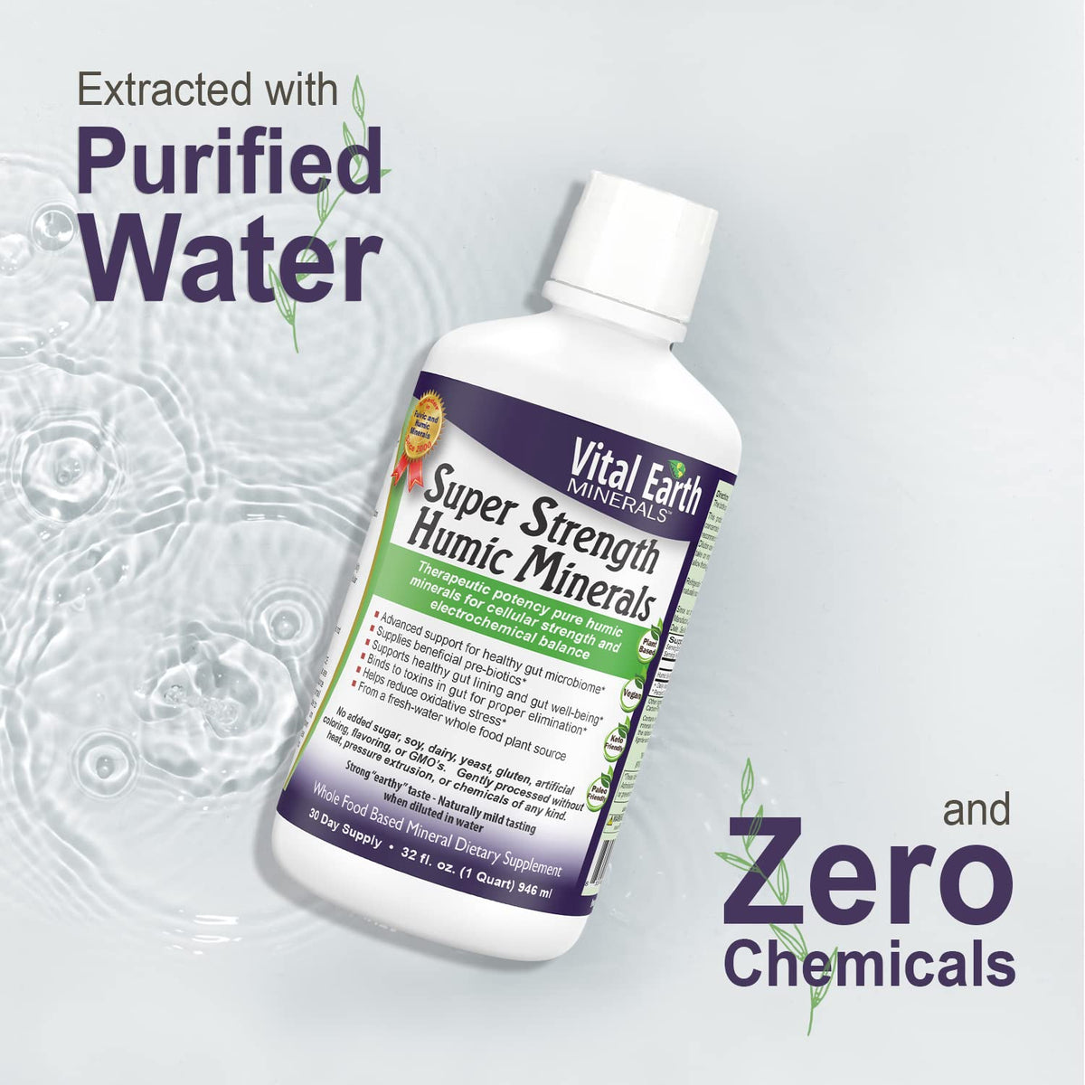 Vital Earth Minerals Super Strength Humic Minerals with glass of water