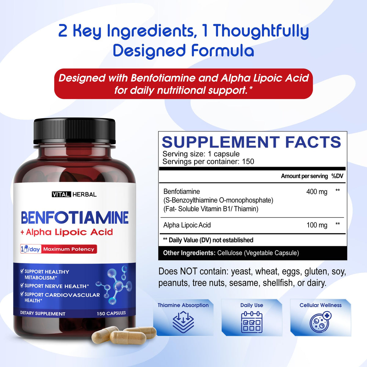 VITAL HERBAL Benfotiamine 150 Capsules et une capsule sur une table