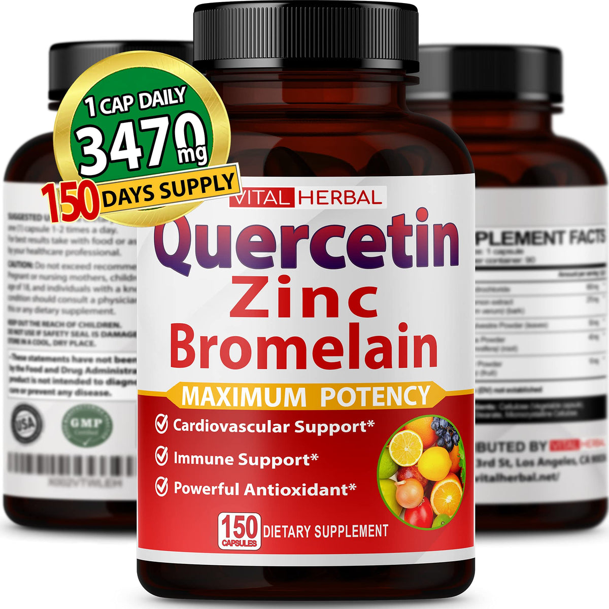 VITAL HERBAL Quercétine Pureté Élevée 98% bouteille de 90 capsules
