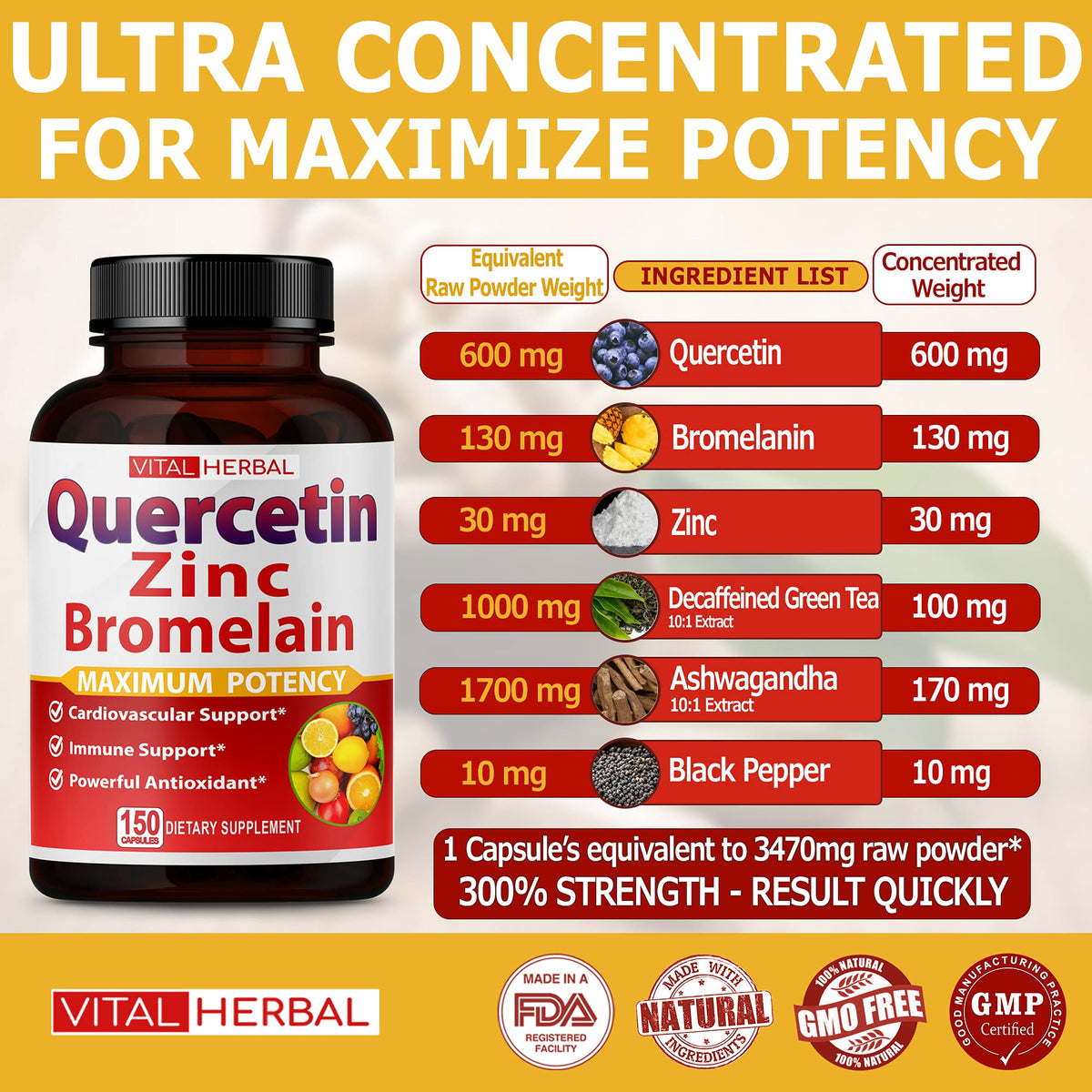 VITAL HERBAL Quercétine Pureté Élevée 98% capsules vue de près