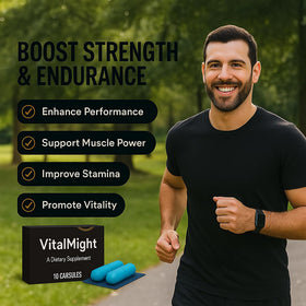 Vital Might, complément alimentaire en capsules, sur un fond neutre