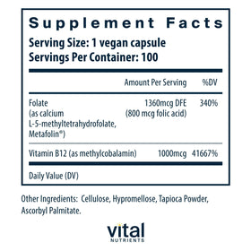 Vital Nutrients B12 & Folate Méthylé 100 capsules étiquette