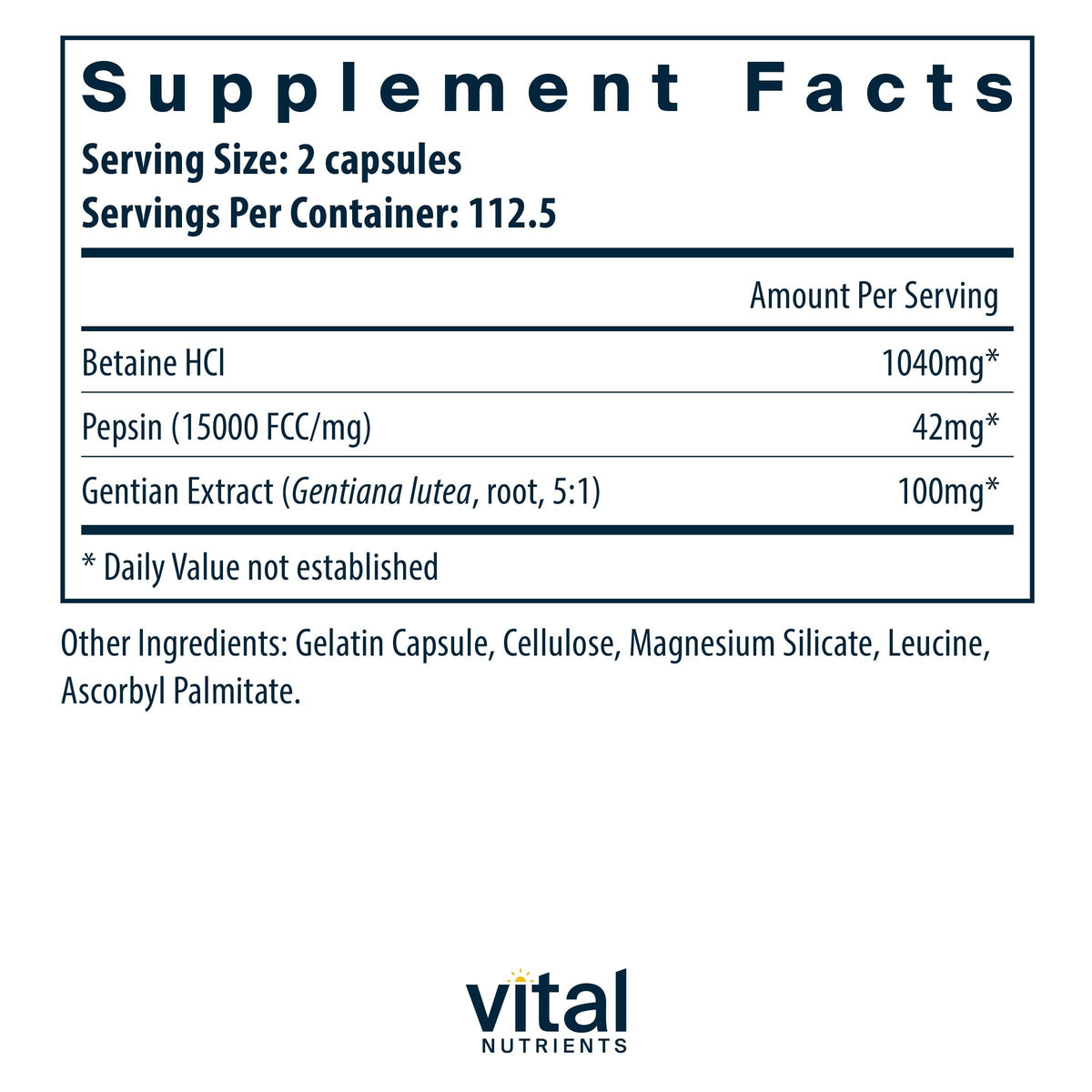 Vital Nutrients Betaine HCL Pepsin capsules, vue arrière de l'emballage