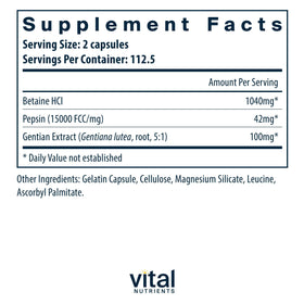 Vital Nutrients Betaine HCL Pepsin capsules, vue arrière de l'emballage