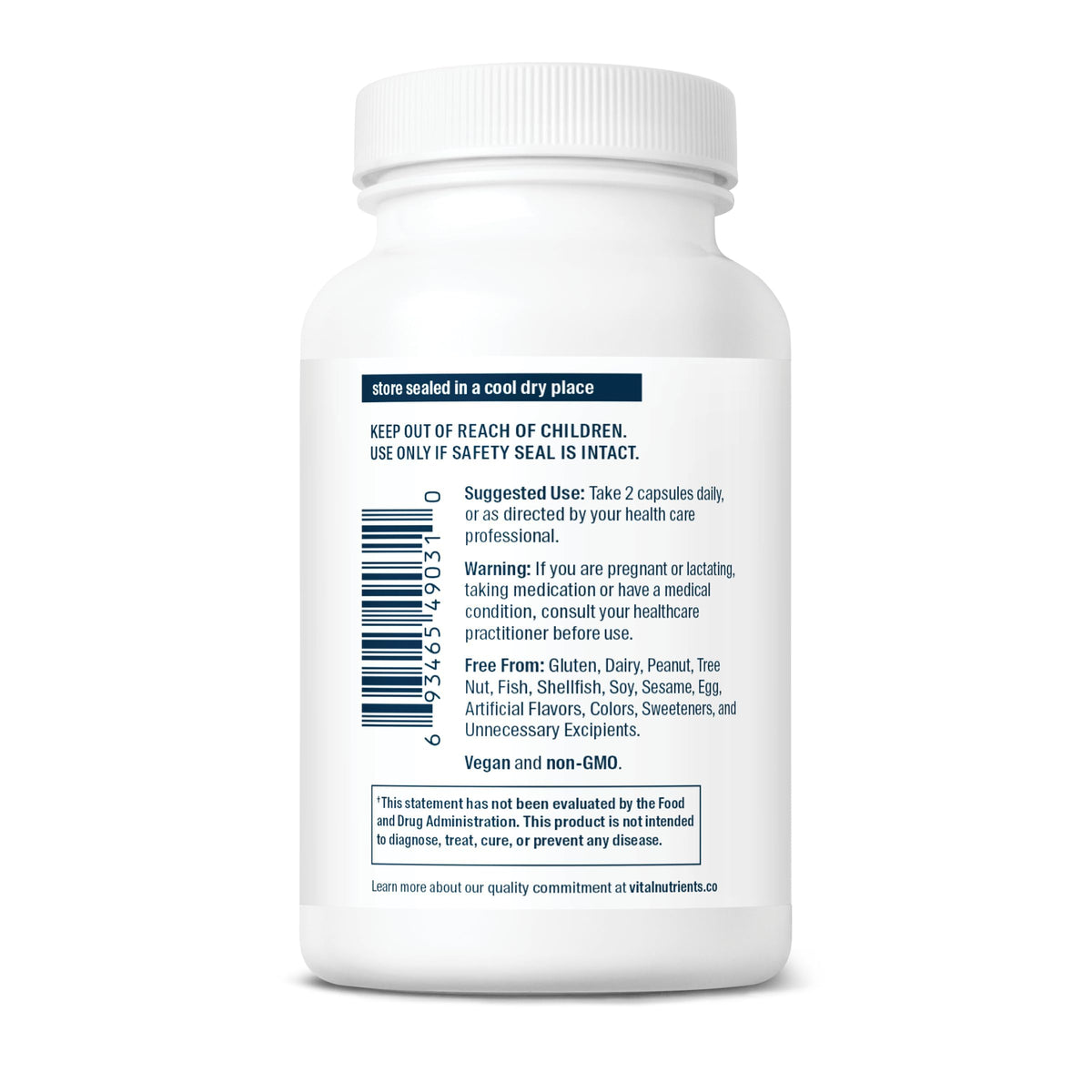 Vital Nutrients Cortisol Balance 90 capsules vegan - vue de l'arrière de l'emballage