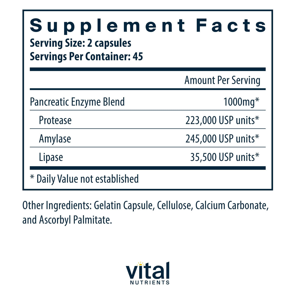 Vital Nutrients Enzymes Pancréatiques 1 000 mg 90 Capsules vue arrière