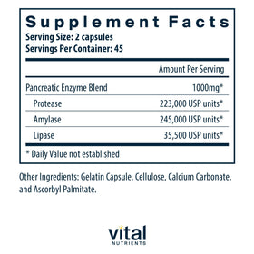 Vital Nutrients Enzymes Pancréatiques 1 000 mg 90 Capsules vue arrière