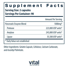 Vital Nutrients Enzymes Pancréatiques 1 000mg capsules sur fond blanc