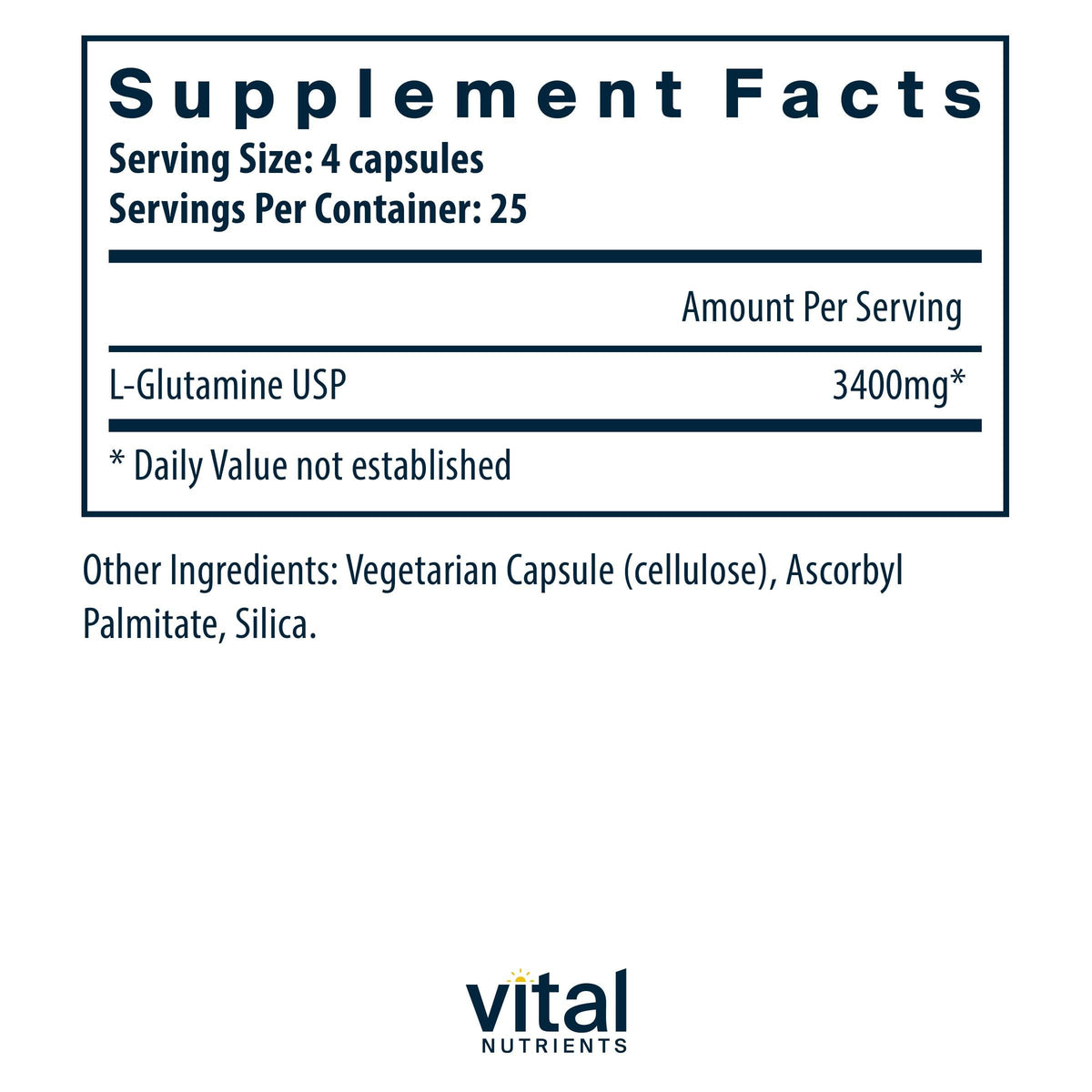 Vital Nutrients Glutamine 90 capsules avec étiquette visible