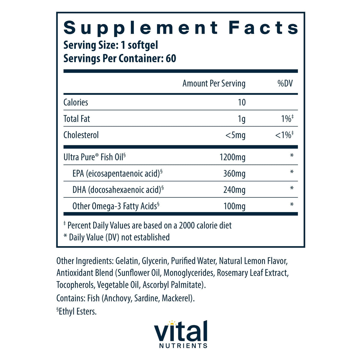 Vital Nutrients Huile de poisson ultra pure 700 mg 60 gélules - étiquette et informations