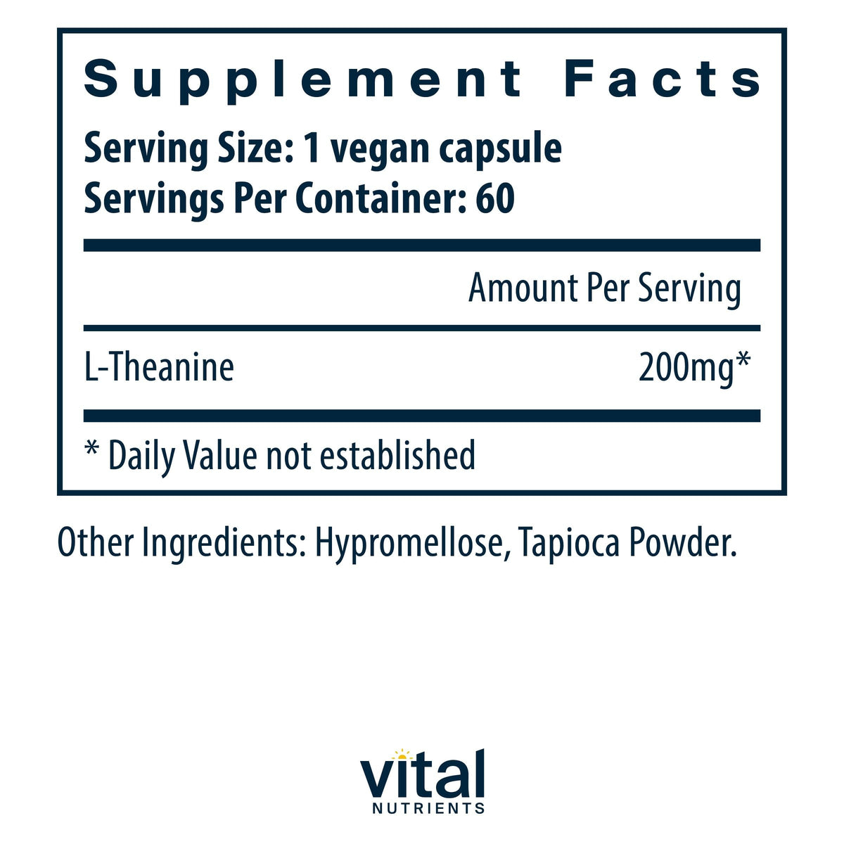 Vital Nutrients L-Theanine 200mg 60 capsules arrière avec informations nutritionnelles