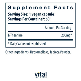 Vital Nutrients L-Theanine 200mg 60 capsules arrière avec informations nutritionnelles