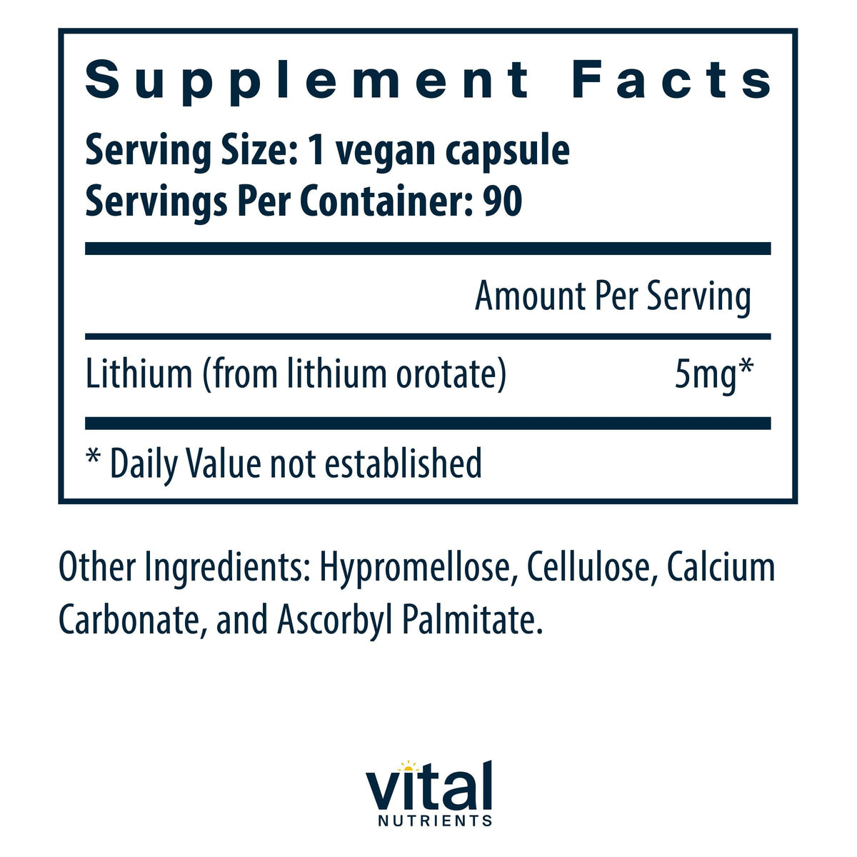 Vital Nutrients Lithium Orotate 5mg, arrière de l'emballage