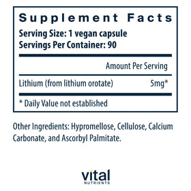 Vital Nutrients Lithium Orotate 5mg, arrière de l'emballage
