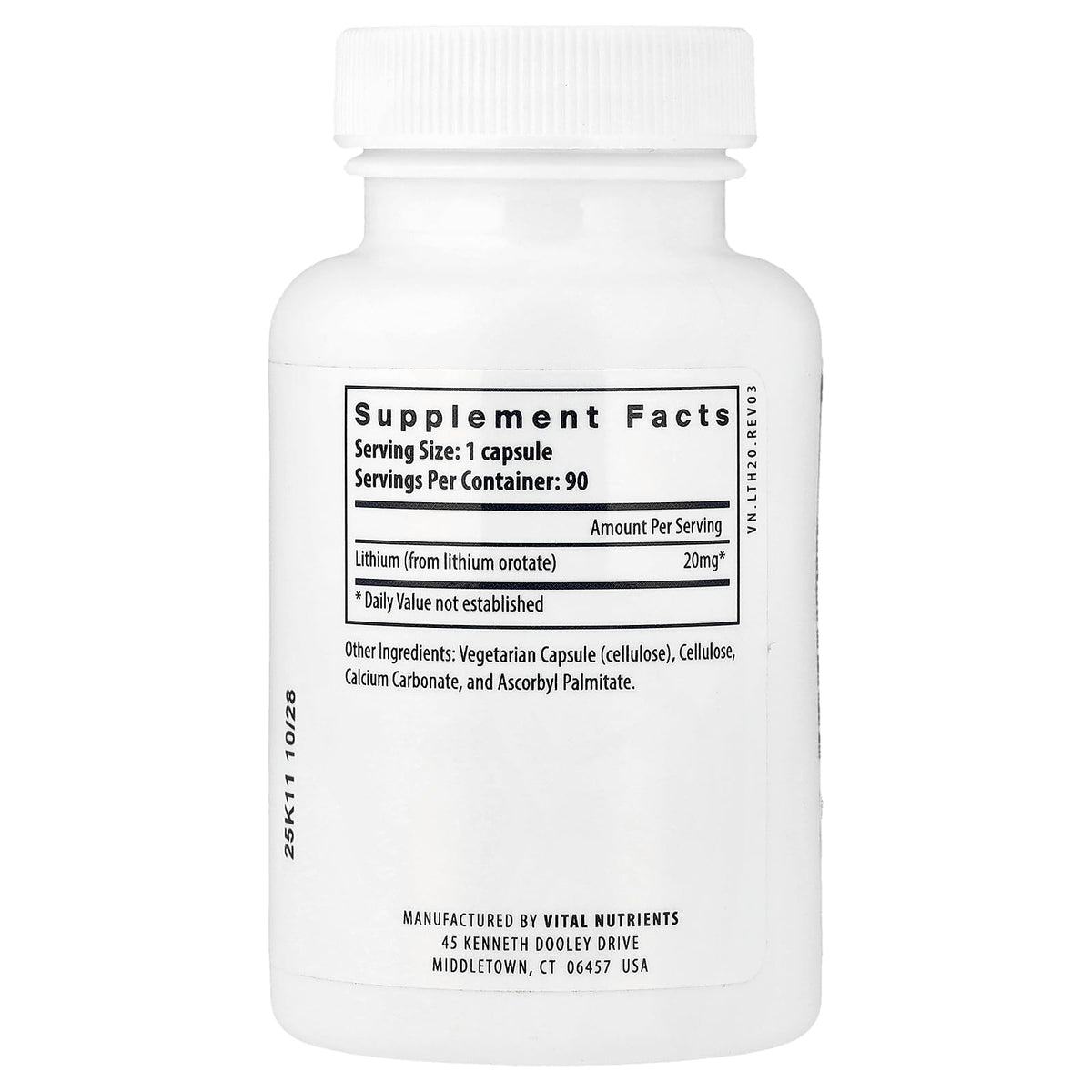 Vital Nutrients Lithium Orotate 90 Capsules avec étiquette détaillant la composition