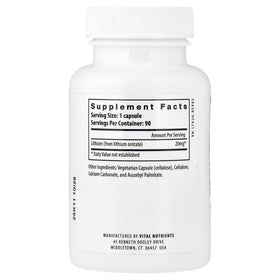Vital Nutrients Lithium Orotate 90 Capsules avec étiquette détaillant la composition
